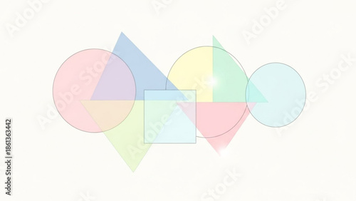 Colorful geometric shapes overlapping pastel colored background
