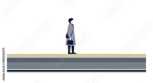 A minimalist illustration showcasing a solitary figure patiently standing on a deserted transit platform, embodying the quiet anticipation of urban