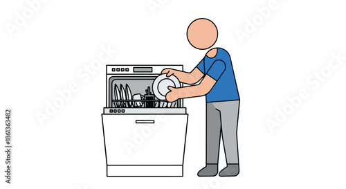 An illustrative graphic showing an individual engaging in the routine task of loading a plate into a modern dishwasher, symbolizing home