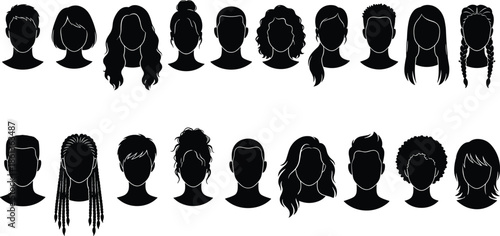 Human avatar head silhouette icon set with diverse hairstyles and profiles, representing people, identity, user profiles, diversity, and character design concepts isolated on white
