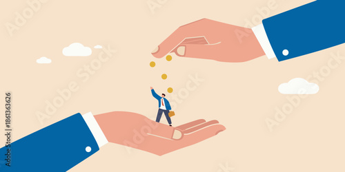 Hands offering support and coins falling towards a tiny businessman