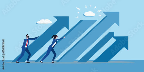 Teamwork propelling growth people pushing upwards against rising arrow blocks