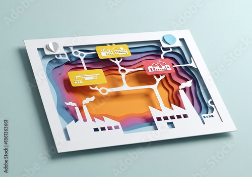 Paper Cut Art of Industrial Supply Chain Network Diagram
