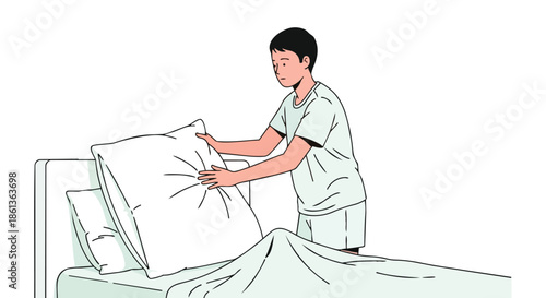 An attentive young individual diligently positioning a soft pillow on a neatly prepared bed, signifying a routine of orderliness and personal