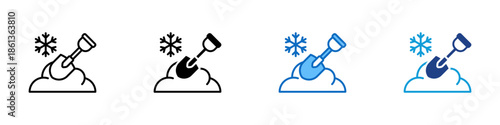 Snow Shovel Multiple Style Icon Design Vector - Shovel clearing snow from ground, representing winter maintenance, snow removal, and cold season activity