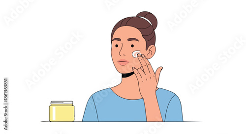 A vibrant illustration showcasing a young woman engaged in her thoughtful daily skincare ritual, meticulously applying a nourishing facial