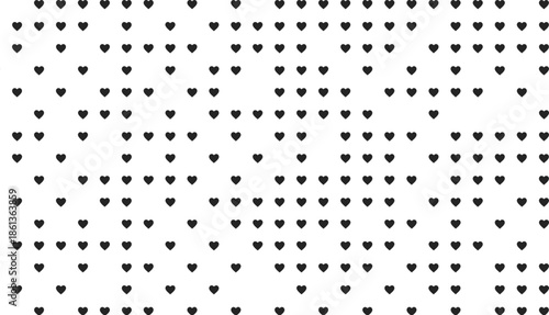 Abstract seamless pattern featuring repeating minimalist black heart silhouettes in a geometric grid for romantic and decorative backgrounds