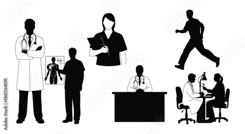 Black silhouettes depict various healthcare professionals and patient interactions