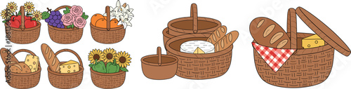 Set of woven picnic baskets with flowers bread cheese and fruit vector illustration isolated on white background for market