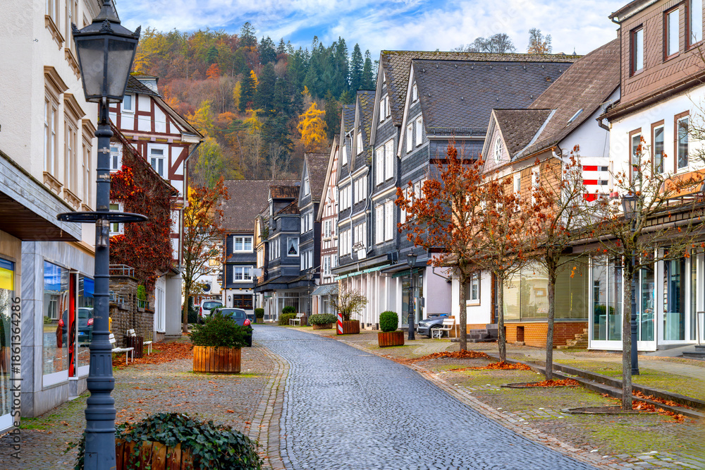 Obraz premium Bad Laasphe, Siegen-Wittgenstein, historic old town street with timber houses, paved road, shop windows and autumn trees in background
