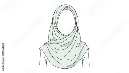 Light green hijab illustration simple line art drawing of a modest headscarf isolated on white background for fashion and cultural conc