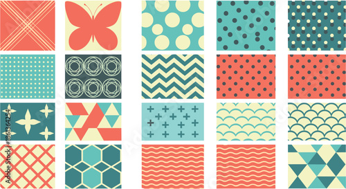 Set of geometric seamless patterns and abstract background swatches in coral and teal for textile and paper design.