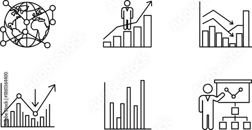 Business analytics and statistics line icons illustration set, charts graphs growth analysis symbols collection design