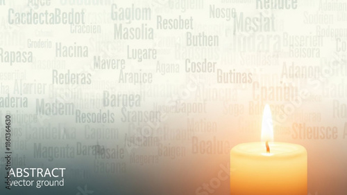 Burning candle with abstract word cloud background representing memory thought or inspiration suitable for concepts