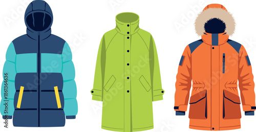 Set of heavy winter coats including puffer jacket and parka with fur hood isolated on white for fashion.