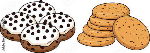 Set of gourmet white chocolate glazed cookies with chocolate pearls and whole grain biscuits vector illustration for bakery.