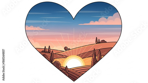 Heart shaped landscape with sunrise over rolling hills and fields vector illustration for love and nature concepts