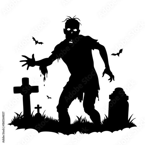 Scary Zombie Rising from Graveyard Silhouette Halloween Horror Vector Illustration