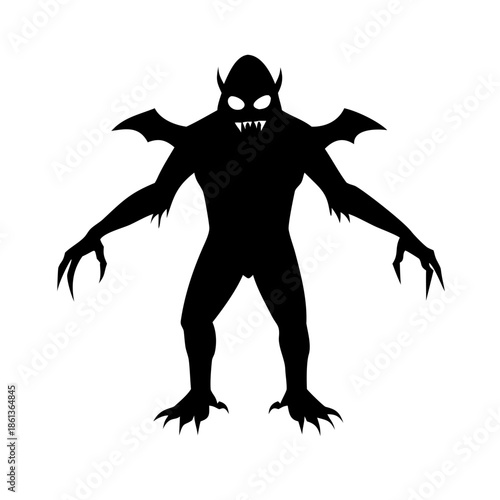 Spooky Halloween Monster Silhouette with Bats and Graveyard Vector Art