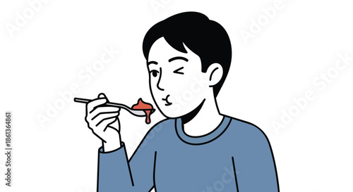 A playful youth savors a spoonful of vibrant flavor, expressing a delightful and surprising culinary experience with a curious wink and subtle smile