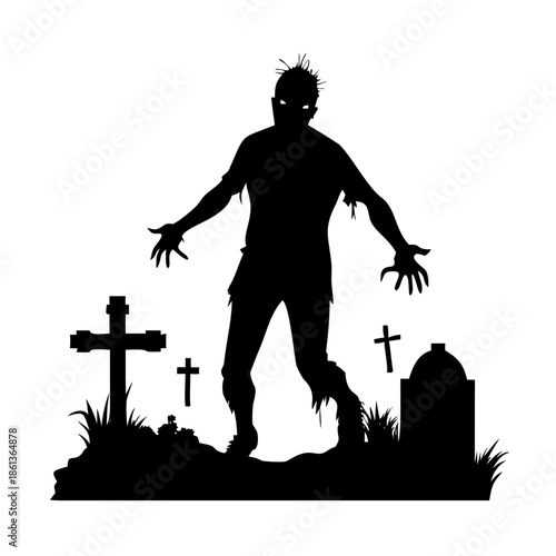 Scary Zombie Rising from Graveyard Silhouette Halloween Horror Vector Illustration