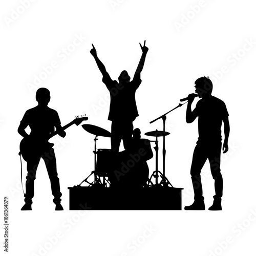 Rock Band Concert Silhouette with Singer Drummer Guitarist and Cheering Crowd Vector