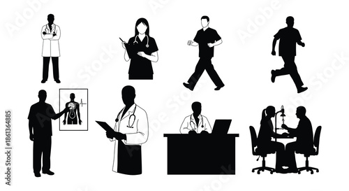 Black silhouettes depict various healthcare professionals and patient interactions