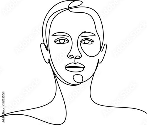 Simple line drawing of a human face profile with wavy hair isolated