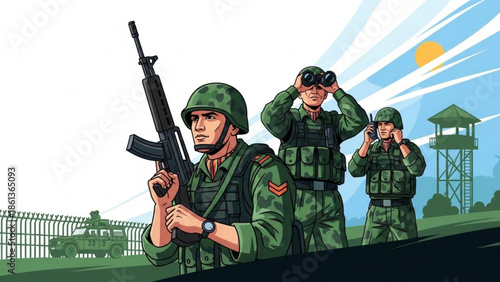 Soldiers in green uniforms and helmets standing on a hill with a fence and watchtower in the background, one holding a rifle and two using binoculars