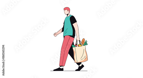 This vibrant illustration shows a person walking with a reusable tote bag full of groceries. It perfectly captures sustainable living and mindful