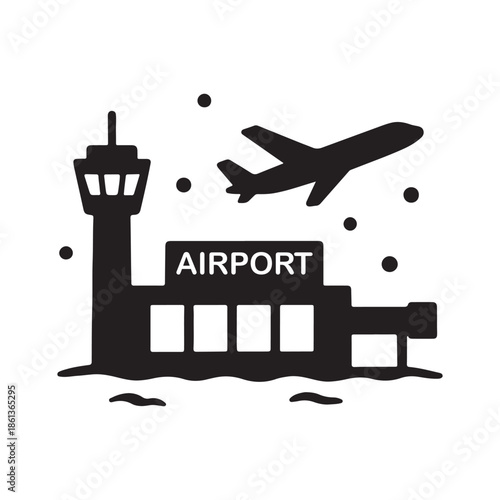 Illustration of an airport control tower and airplane in flight, symbolizing travel and aviation