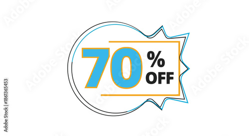 A striking 70 percent off discount label with bold blue numerals and black text elegantly enclosed within a unique abstract outline for eye-catching