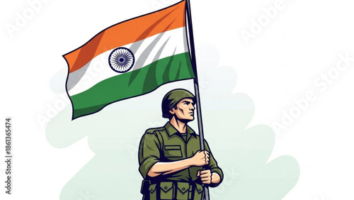 Indian soldier proudly holding the national flag, symbolizing patriotism and national pride on a light background