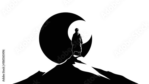 Silhouette of a person standing on a mountain peak under a crescent moon.