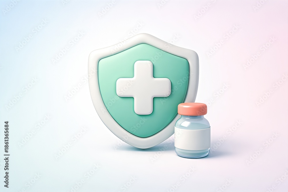 Fototapeta premium Shielded vaccine vial representing health security and medical innovation with pastel tones highlighting the essential role of immunization in public health integrity
