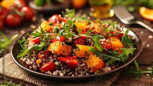 A plate of quinoa salad with roasted vegetables