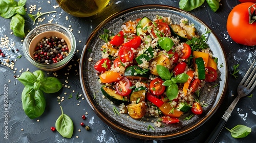 A plate of quinoa salad with roasted vegetables