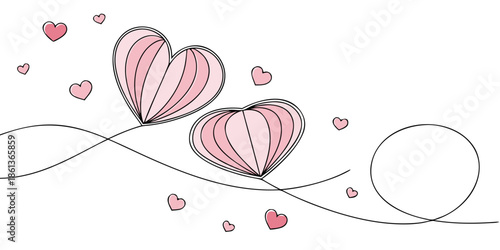 two pink heart-shaped hot air balloons floating side by side, connected by strings to baskets below. They are surrounded by smaller floating hearts in shades of pink, evoking a romantic and whimsical 