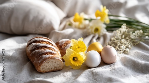 Freshly baked bread loaf with colorful eggs and vibrant flowers arranged on soft fabric
