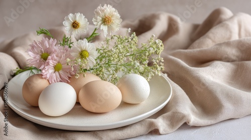 Fresh eggs in various colors arranged on a plate with delicate flowers