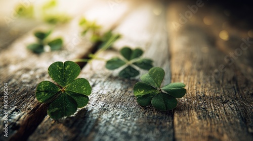 Green four-leaf clovers scattered on rustic wooden surface
