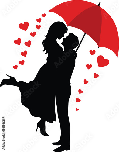 Romantic Couple Silhouette Under Red Umbrella with Hearts ? Love and Affection Vector for Valentine?s Day Designs