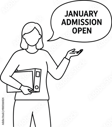 Female educator or admissions officer announcing that applications for the next academic term intake are now officially open for enrollment.