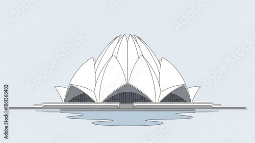 Large white building with lotus flower shaped roof and water in front, modern architecture design