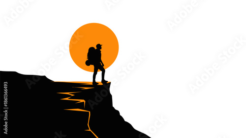 Silhouette of a lone hiker standing on a cliff edge at sunset.