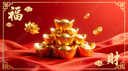 Luxurious Chinese New Year celebration scene featuring traditional gold ingots on red silk texture.