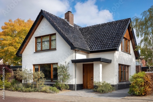 Wallpaper Mural Modern house with a white exterior and sloped roof under a clear sky in a urban area surrounded by trees during the daytime Torontodigital.ca