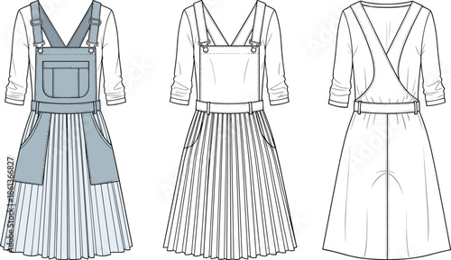 Women dress technical illustration set, overall pinafore and wrap dress fashion flat sketches collection design