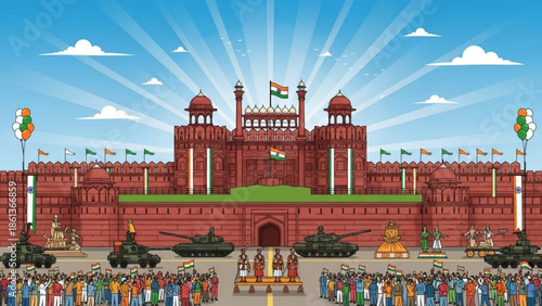Vibrant illustration of red fort in delhi india with crowd and military parade on sunny day with indian flags waving