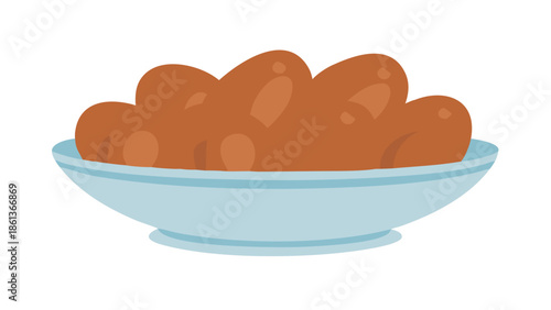 Vector icon of a small bowl filled with dates fruit, symbol of breaking the fast, flat minimalist style